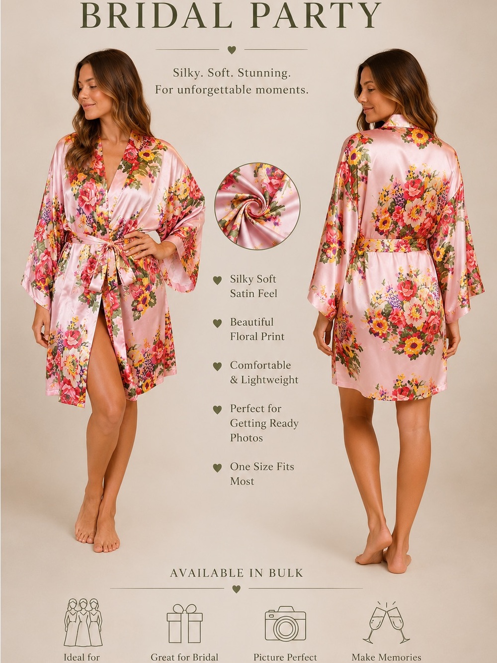 7 Floral Satin Robe Pink Bridesmaid Bridal Party Kimono Silky Wrap Loungewear